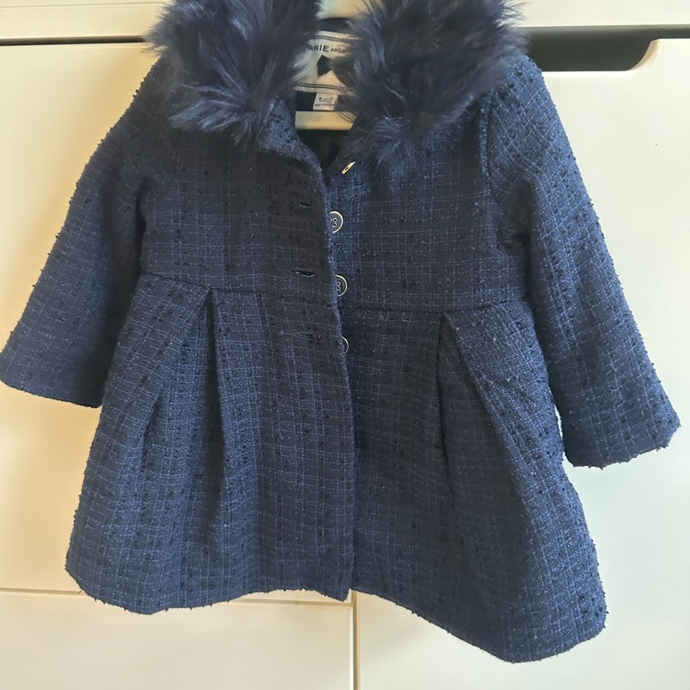 EUC Janie and Jack 6-12 months Navy Tweed Coat with Faux Fur